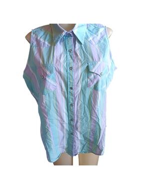 XL Vintage Women's Rockies Ranch Top Button Down Pastel Pink Blue 90s Cowgirl